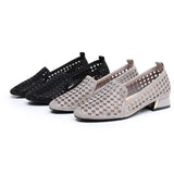 Rhinestone Chunky Heel Round Head Breathable Mesh Shoes