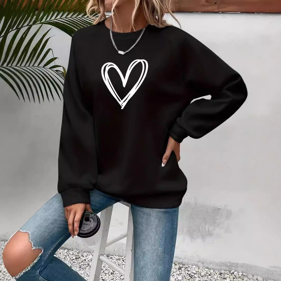 Heart Printing Round Neck Long Sleeve Sweatshirt Tops