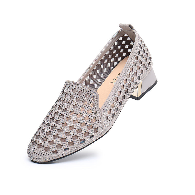 Rhinestone Chunky Heel Round Head Breathable Mesh Shoes