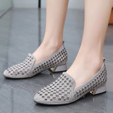 Rhinestone Chunky Heel Round Head Breathable Mesh Shoes