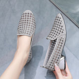 Rhinestone Chunky Heel Round Head Breathable Mesh Shoes