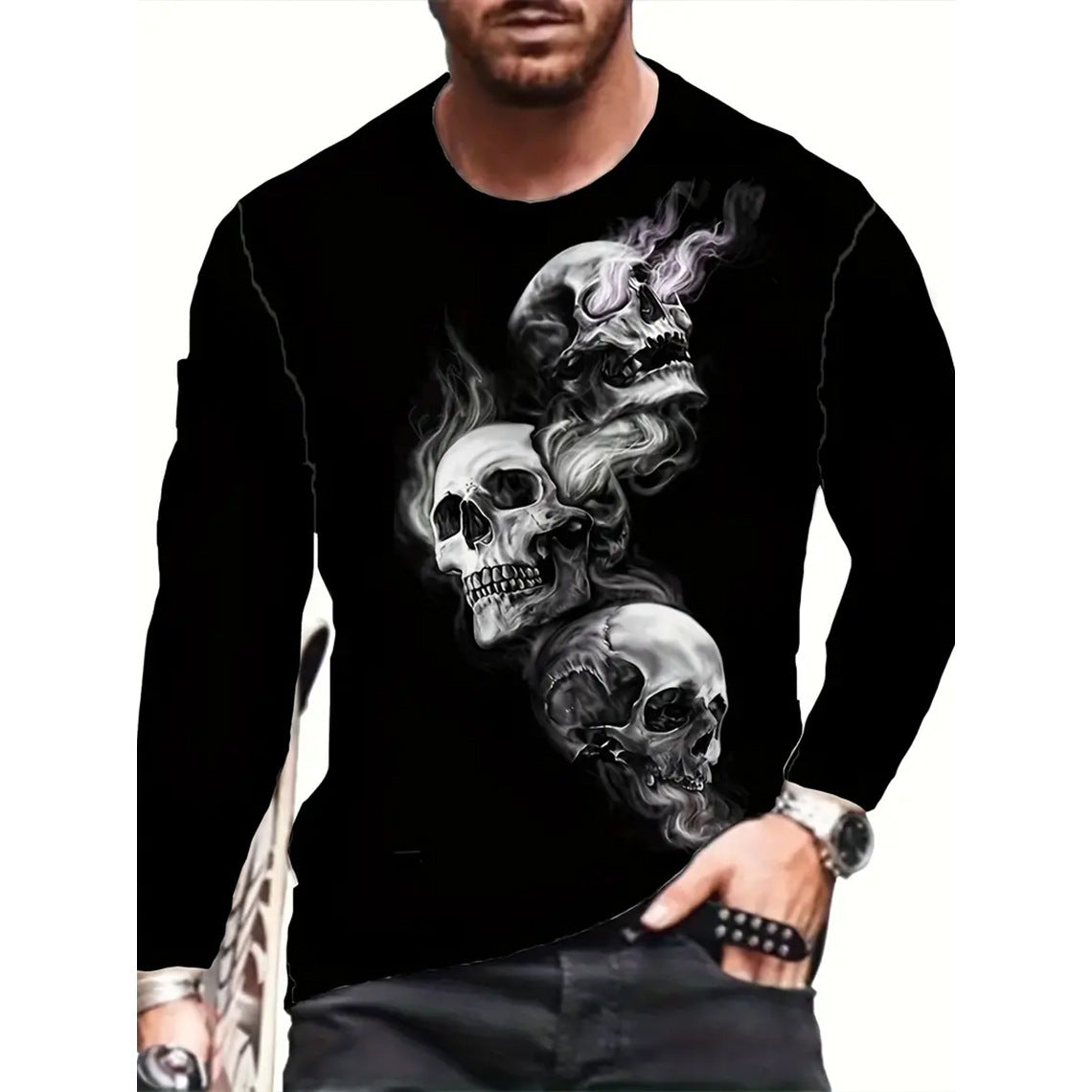 Retro Men's T-shirt 3D Printed Street Hip-hop Loose Crew Neck Casual Long Sleeve - Heritage cosmetics and beauty care