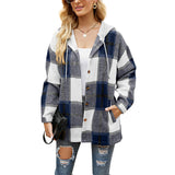 Ladies Plaid Coat Hooded Casual Loose Shirt