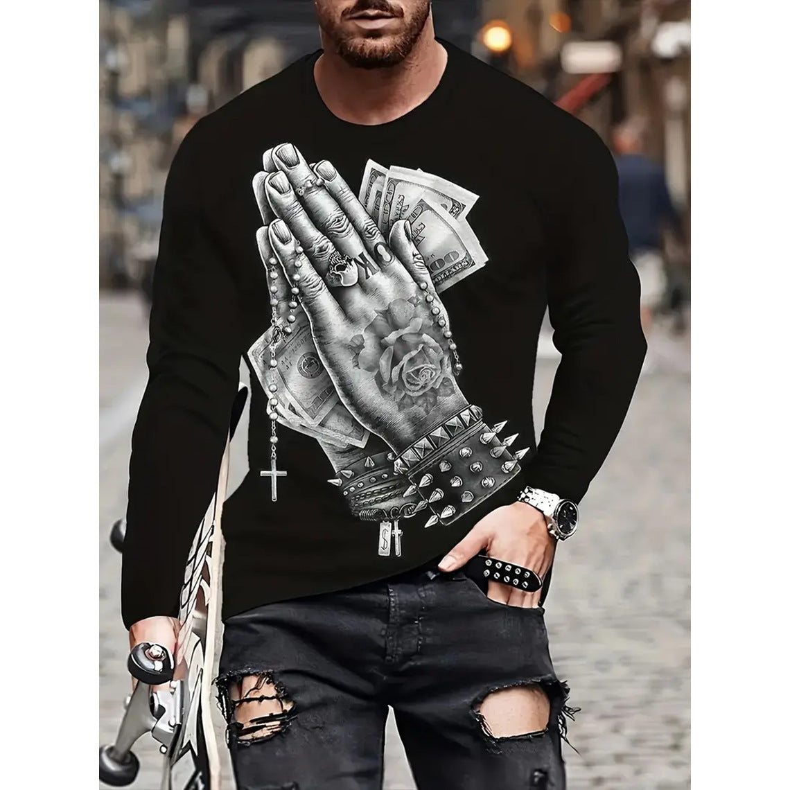 Retro Men's T-shirt 3D Printed Street Hip-hop Loose Crew Neck Casual Long Sleeve - Heritage cosmetics and beauty care