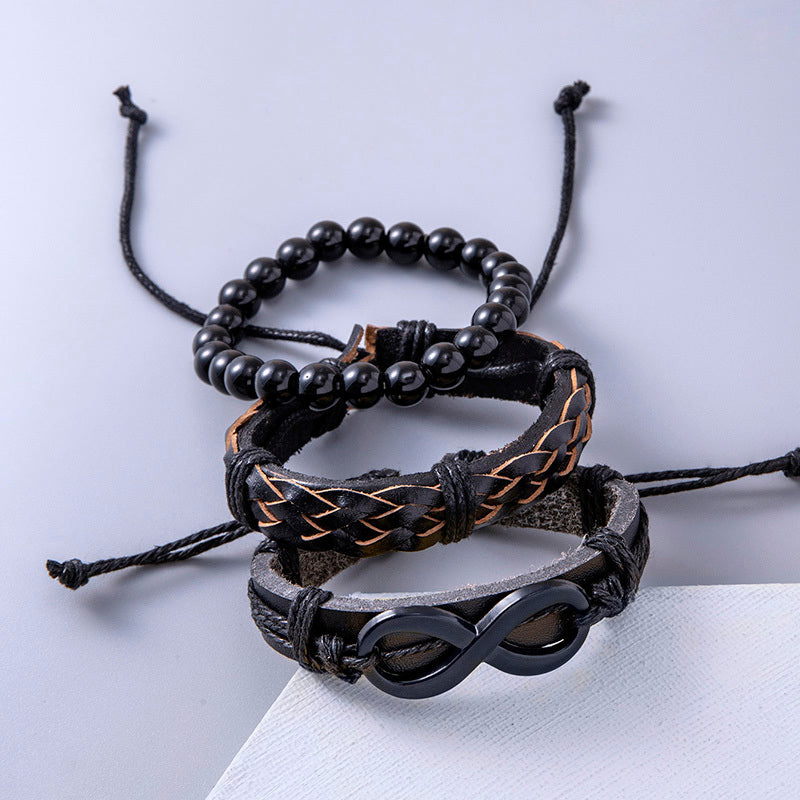 Punk Black Braided Leather Wrap Bracelet Vintage Infinity Symbol Charms Beaded Bracelets For Men - Heritage cosmetics and beauty care