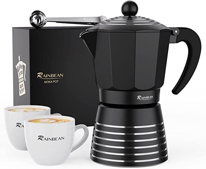 Stovetop Espresso Maker 6 Cup 300ml, Aluminum Moka Pot Gift Set, Italian Cuban Greca Coffee, Easy To Use & Clean - Set Including 2 Cups, Spoon, Black, Perfect Gifts For Coffee Lovers Heritage cosmetics and beauty care