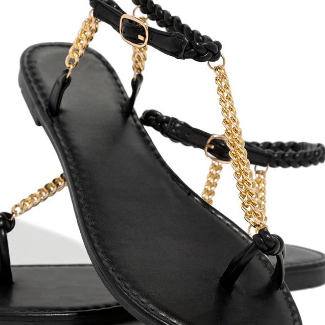 Round Toe Flat Toe Metal Chain Sandals Women's Large Size Beach Sandals - Heritage cosmetics and beauty care