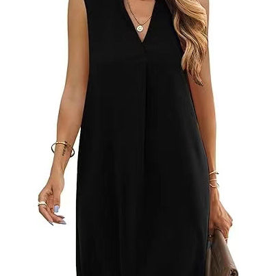 Sleeveless Elegant V-neck Loose Solid Color Dress Women - Heritage cosmetics and beauty care