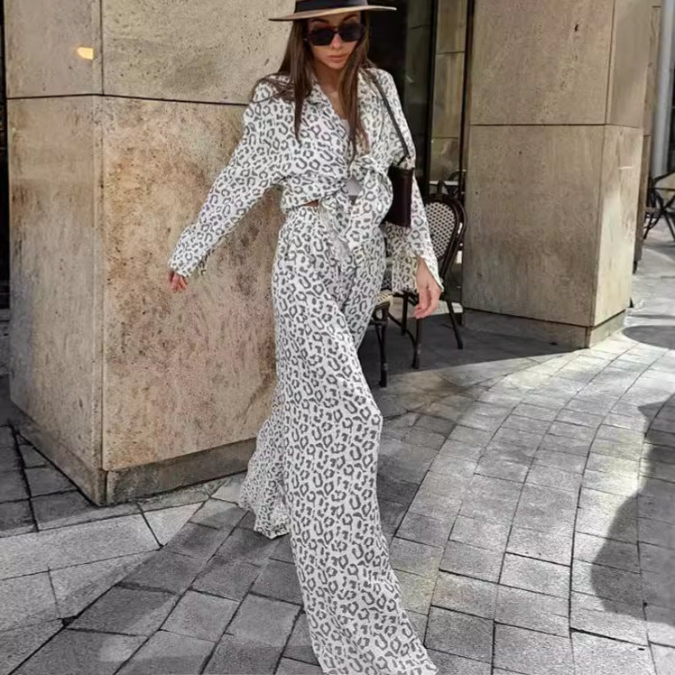 Pure Cotton Leopard-print Long-sleeved Shirt High Waist Suit Women - Heritage cosmetics and beauty care