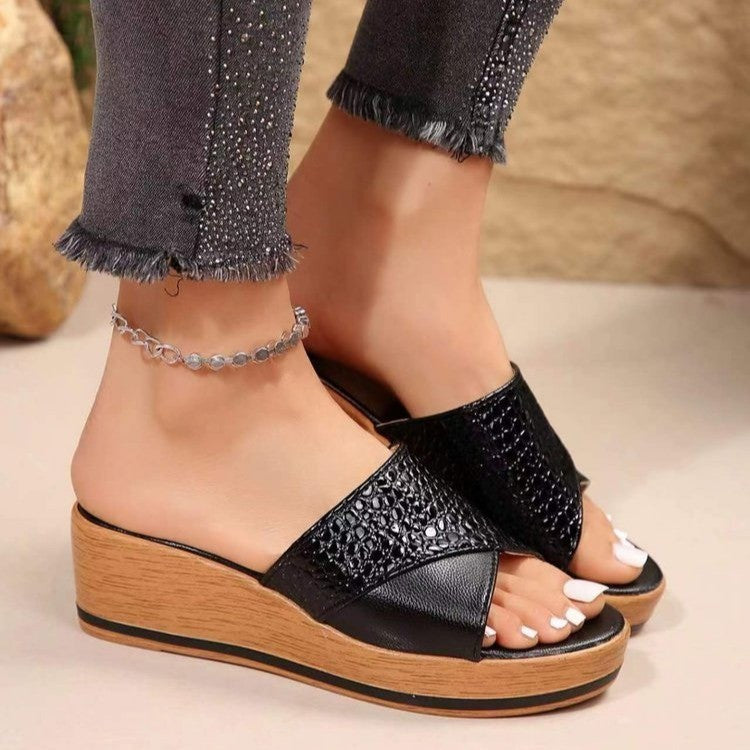 Fashion Snake-texture Wedges Sandals Summer Casual Peep-toe Thick Sole Heightening Slippers Outdoor Slides Shoes Women Heritage cosmetics and beauty care