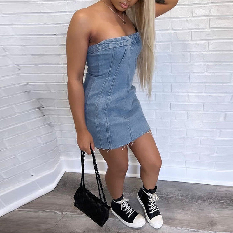 Fashion Backless Tube Denim Dress Summer Sexy Y2K Slim Short Dresses For Women Clothing Heritage cosmetics and beauty care