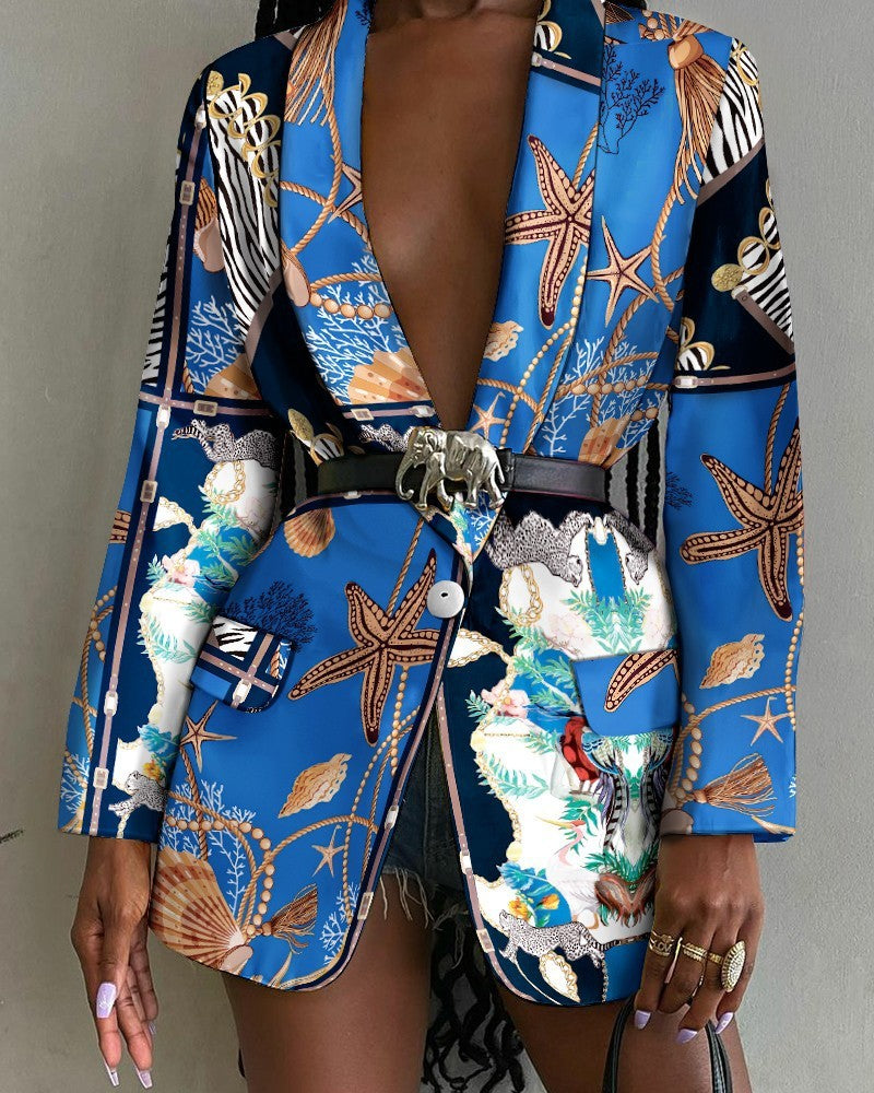 Fashion Printed Shawl Collar Single-breasted Belt Blazer Women - Heritage cosmetics and beauty care