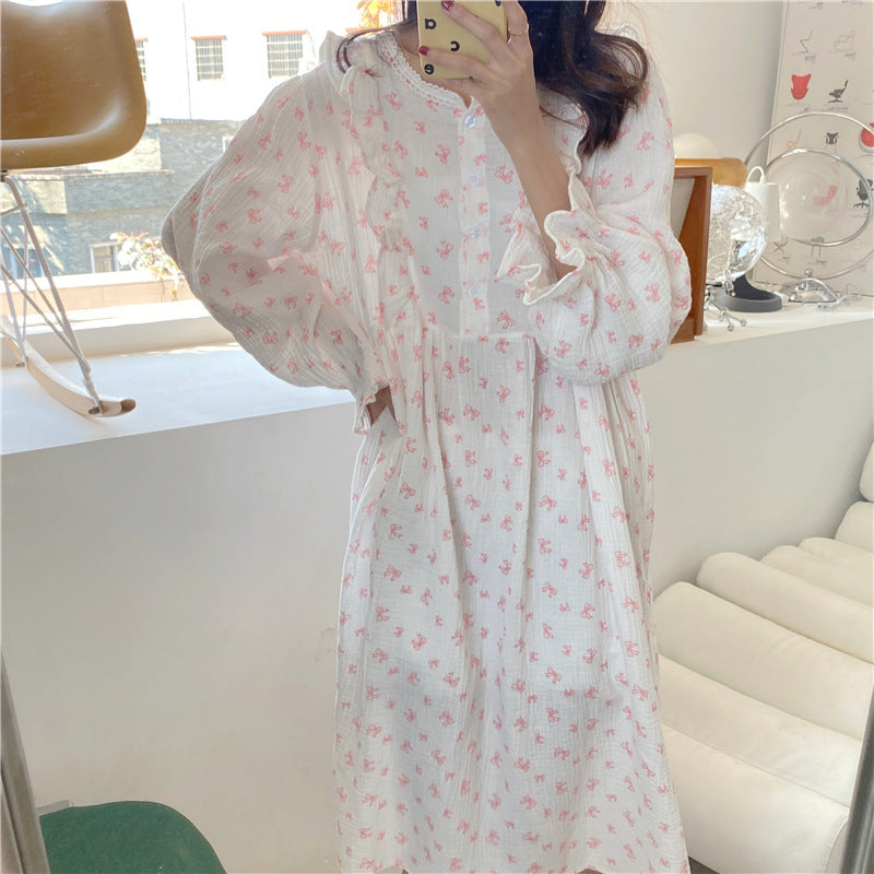 The New Korean Ins Sweet Can Wear Bow Pajamas Girls Home Clothes Sleeping Skirts - Heritage cosmetics and beauty care