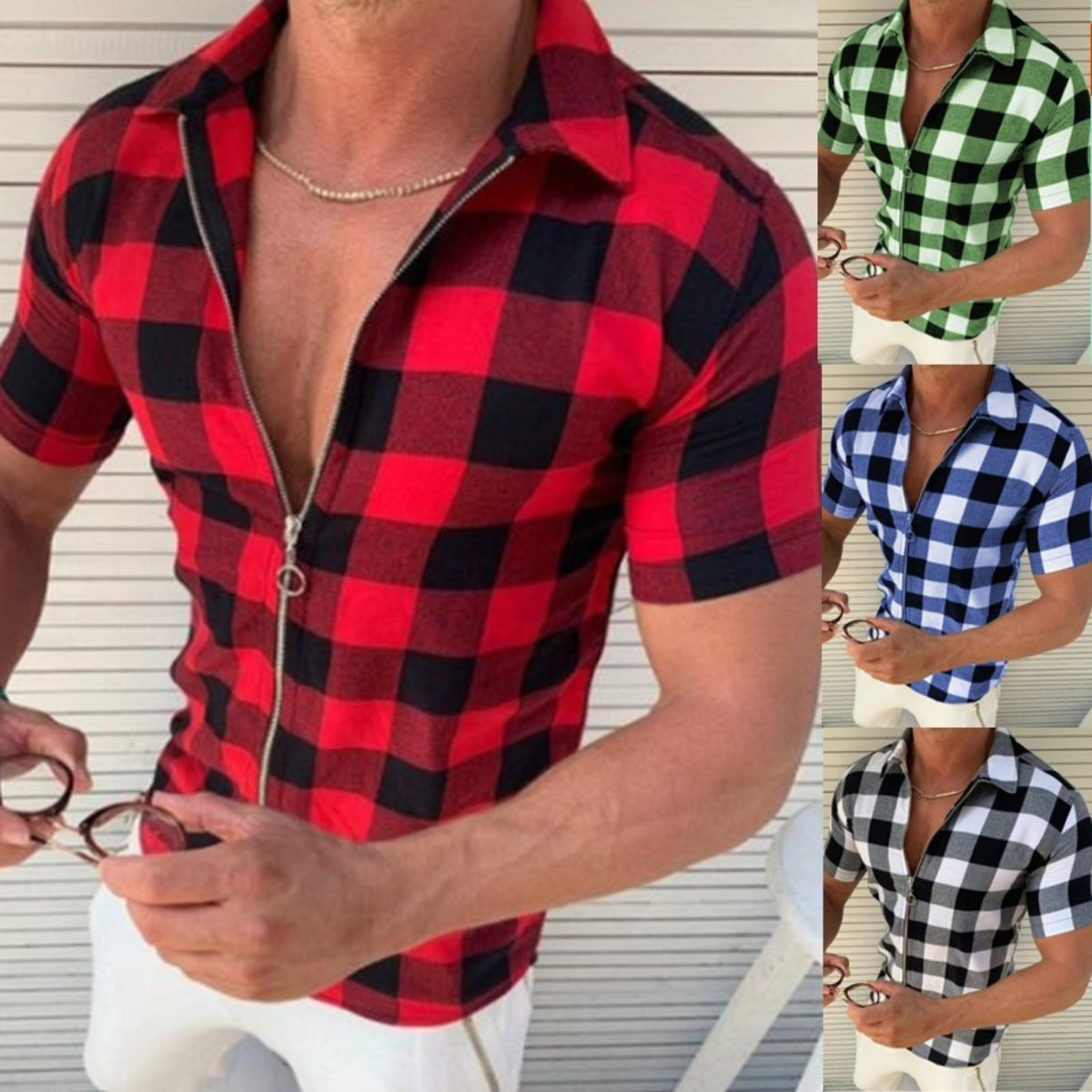 Plaid T Shirt Mens Zipper Short Sleeve Shirts Summer Men Clothing - Heritage cosmetics and beauty care