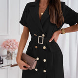 Cosomina Turn-Down Collar Office Lady Blazer Dress Women Summer Belted Button Female Party Dress Short Sleeve Solid Short Dress - Heritage cosmetics and beauty care