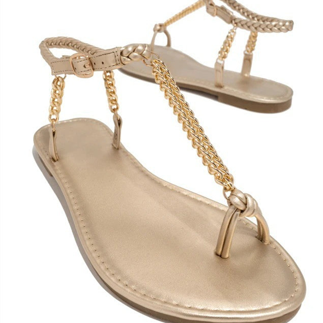 Round Toe Flat Toe Metal Chain Sandals Women's Large Size Beach Sandals - Heritage cosmetics and beauty care