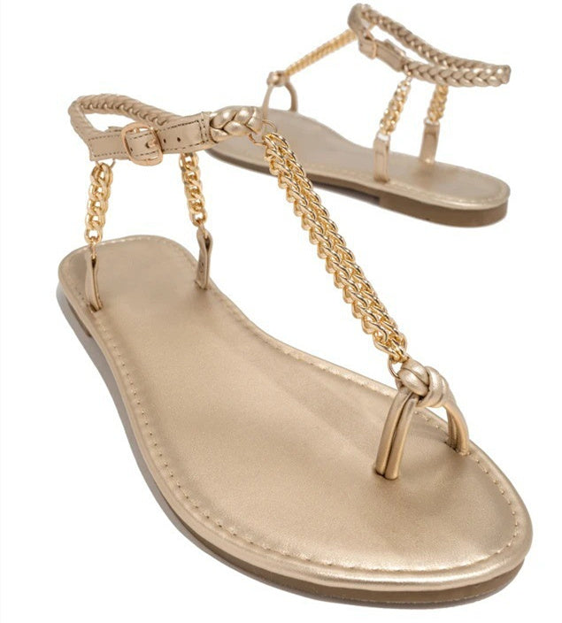 Round Toe Flat Toe Metal Chain Sandals Women's Large Size Beach Sandals - Heritage cosmetics and beauty care