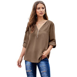 Women's Shirts Solid Color Sexy V-neck Zipper Half Sleeves Heritage cosmetics and beauty care