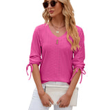 Button V-neck Solid Color Half Sleeves Loose-fitting T-shirt Top - Heritage cosmetics and beauty care