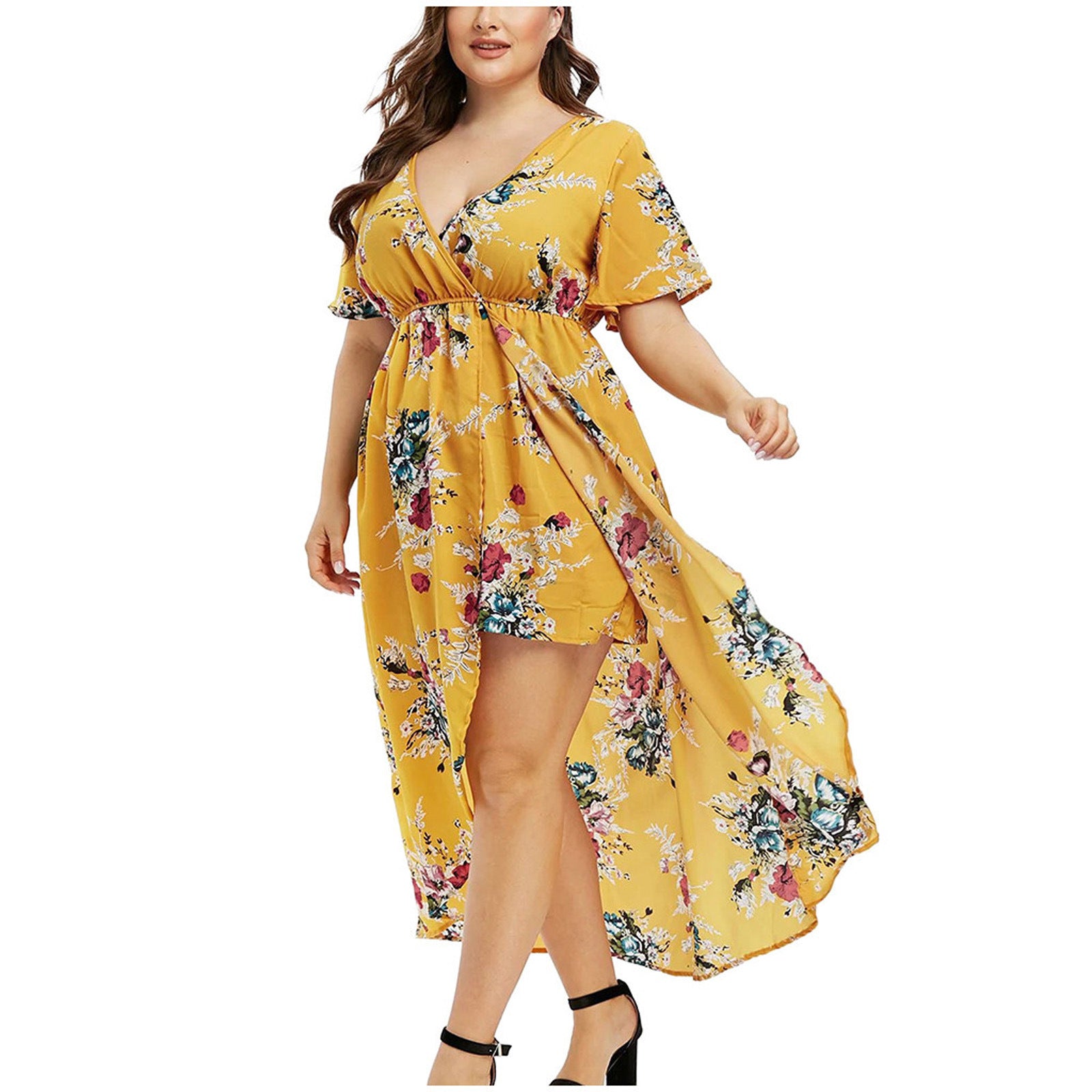 New Women's Loose Slimming V-neckline Flower Print Plus Size Dress - Heritage cosmetics and beauty care