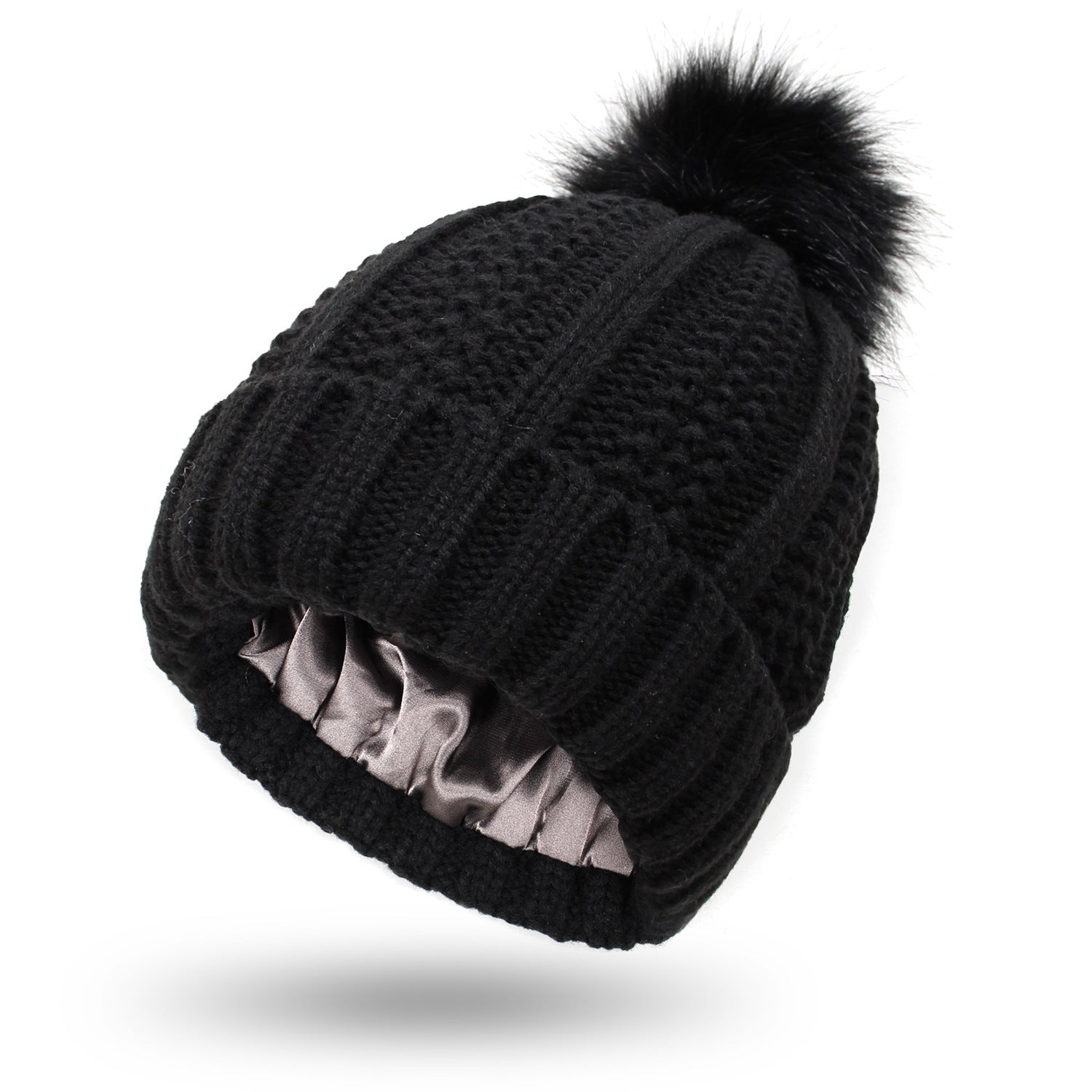 Fashion Stretchy Satin Lined Skull Knit Hats Beanie Hat For Women Faux Fur Pom Pom Hat Winter Keep Warming Beanie Hat - Heritage cosmetics and beauty care