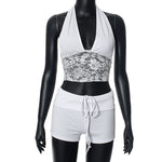 Lace Stitching Halter Top Drawstring Shorts Two-piece Set - Heritage cosmetics and beauty care