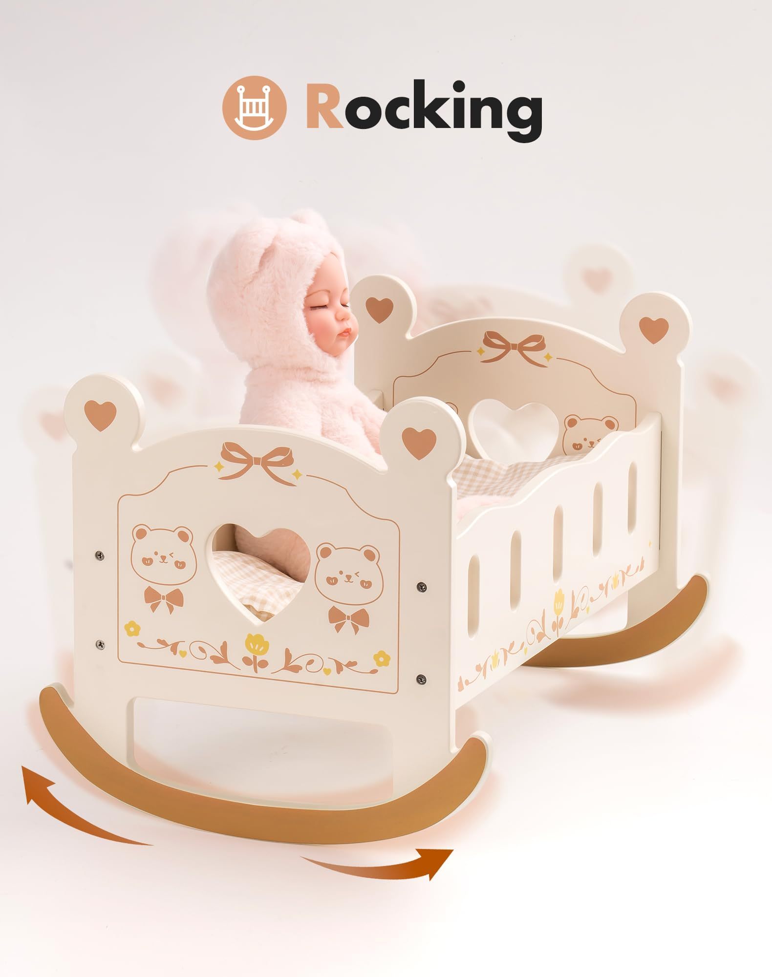 ROBOTIME Doll Crib Wooden Baby Doll Cradle Doll Bed Doll Furniture Accessories Doll Rocking Cradle With Bedding For 18 Inch Dolls - Heritage cosmetics and beauty care