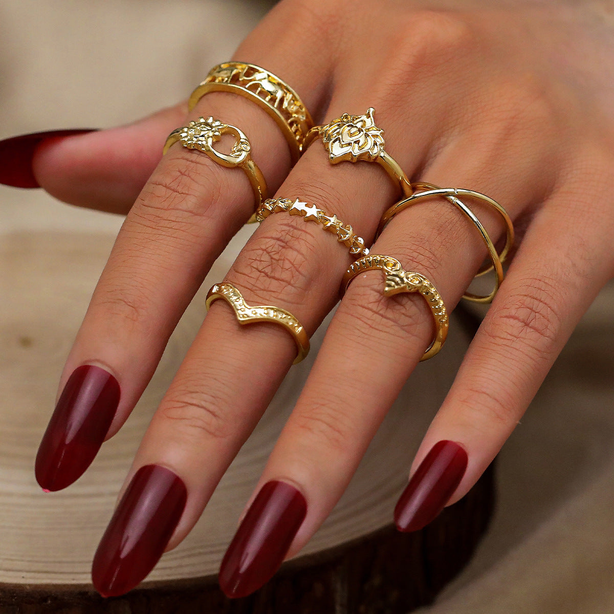 Retro Elephant Hollow Ring 7-piece Set Creative - Heritage cosmetics and beauty care