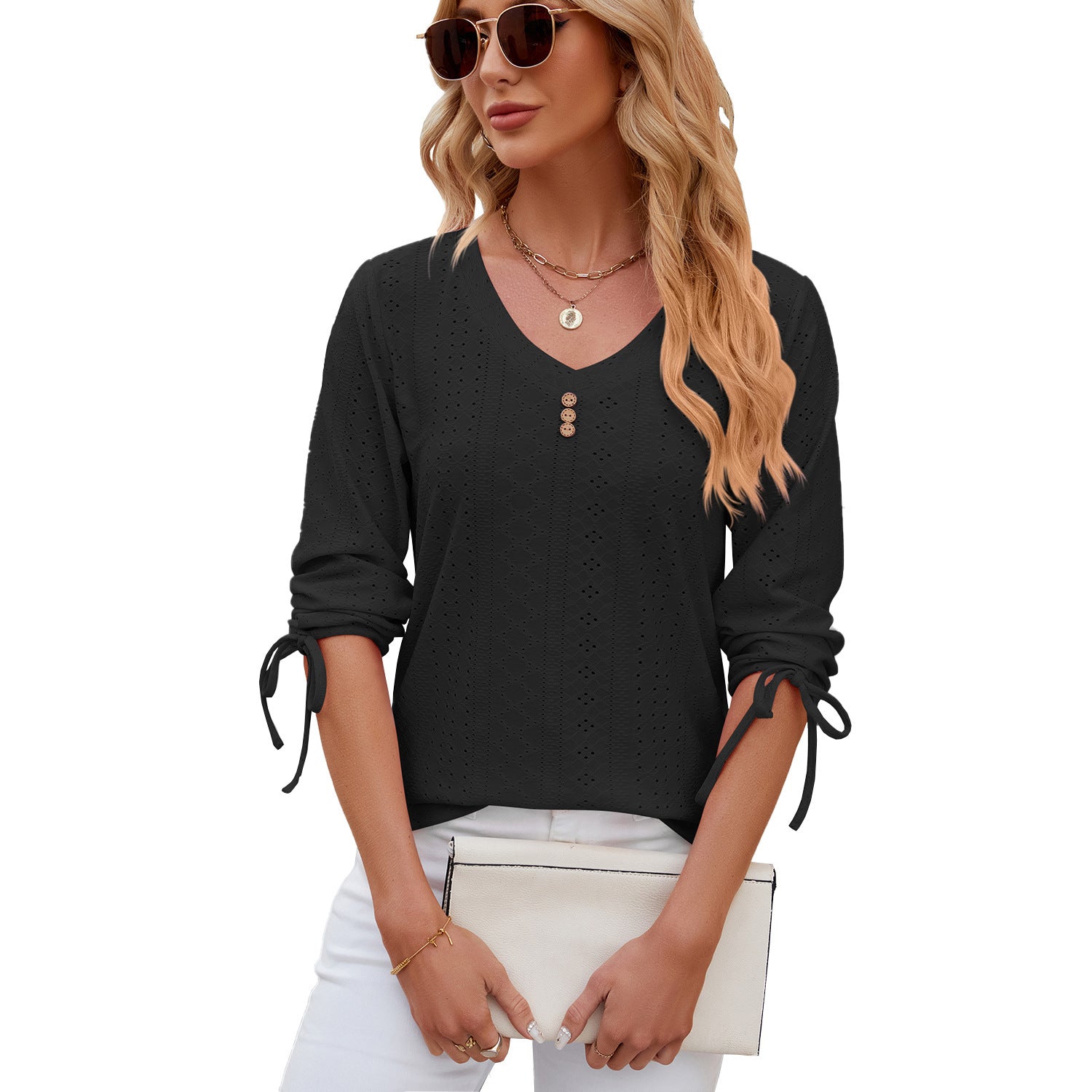 Button V-neck Solid Color Half Sleeves Loose-fitting T-shirt Top - Heritage cosmetics and beauty care