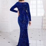 Women Modest Stretch Sequin Royal Blue Evening Prom Gown Party - Heritage cosmetics and beauty care