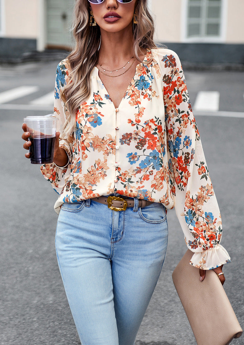 Women's Tops Casual Floral Print V Neck Long Sleeve Shirts Loose Chiffon Blouses Shirts Tops Heritage cosmetics and beauty care