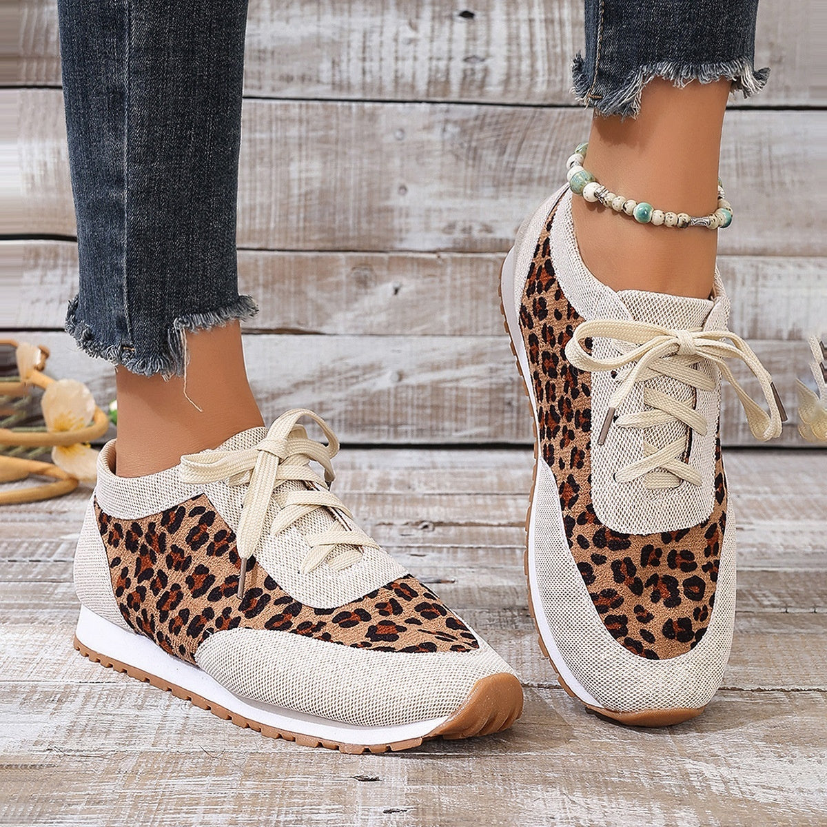 Flat Bottomed Leopard Print Lace Up Casual Sports Shoes Heritage cosmetics and beauty care