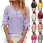 Button V-neck Solid Color Half Sleeves Loose-fitting T-shirt Top - Heritage cosmetics and beauty care