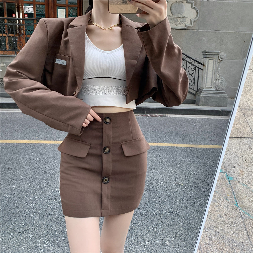 Blazer High Waist A Line Skirt Coffee Color Hong Kong Style Suit Women - Heritage cosmetics and beauty care