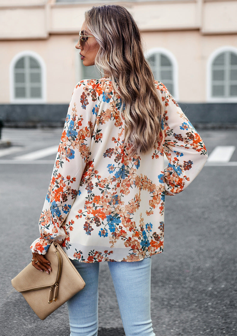 Women's Tops Casual Floral Print V Neck Long Sleeve Shirts Loose Chiffon Blouses Shirts Tops Heritage cosmetics and beauty care