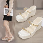 Square Toe Sandals, Wedge Heel, Transparent Film, Metal Chain Sandals - Heritage cosmetics and beauty care