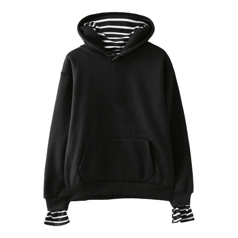 Solid Color False Two-piece Hooded Pullover Fleece Striped Oversleeves Korean Style Trendy Hooded Blank Fake Two Pieces Heritage cosmetics and beauty care