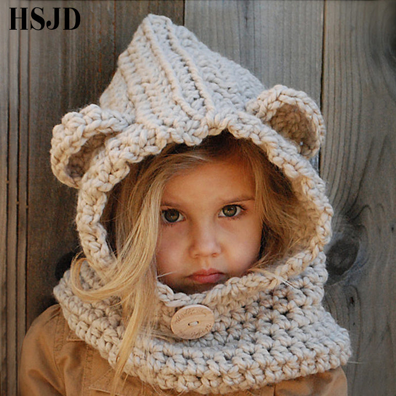 Girls Hats Handmade Kids Winter Hats Wrap Bear Scarf Caps Cute Autumn Children Cartoon Bear Knitted Hats - Heritage cosmetics and beauty care