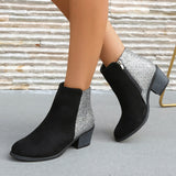 Color-blocking Sequin Chunky Heel Plus Size Side Zip Short Boots Women