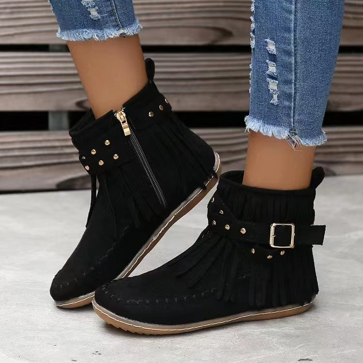 Retro Ankle Boots With Rivet Tassel Flat Shoes Women Winter Boots - Heritage cosmetics and beauty care