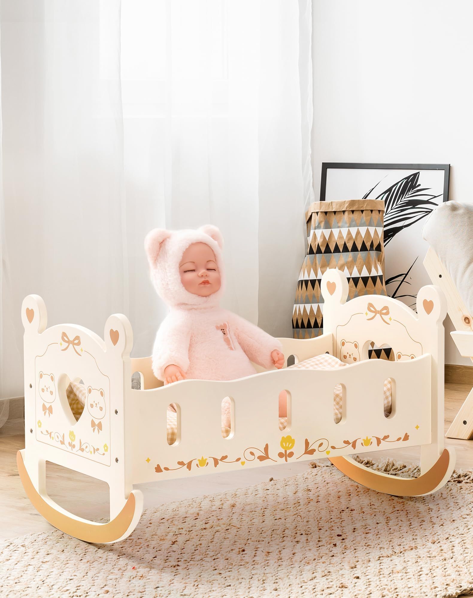 ROBOTIME Doll Crib Wooden Baby Doll Cradle Doll Bed Doll Furniture Accessories Doll Rocking Cradle With Bedding For 18 Inch Dolls - Heritage cosmetics and beauty care