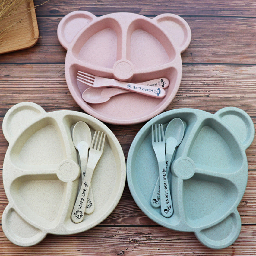 Wheat Split Bear Children's Dinner Plate Set Creative Household Tableware Baby Split Plate Breakfast Plate Free Fork Spoon - Heritage cosmetics and beauty care