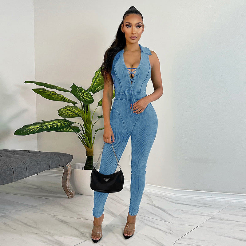 Women's Suspenders Skinny Butt Lifter Jumpsuit With Lapel Straps - Heritage cosmetics and beauty care