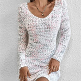 V-neck Slim-fit Two-tone Knitted Long Sleeve Sweater Color-matching Dress - Heritage cosmetics and beauty care