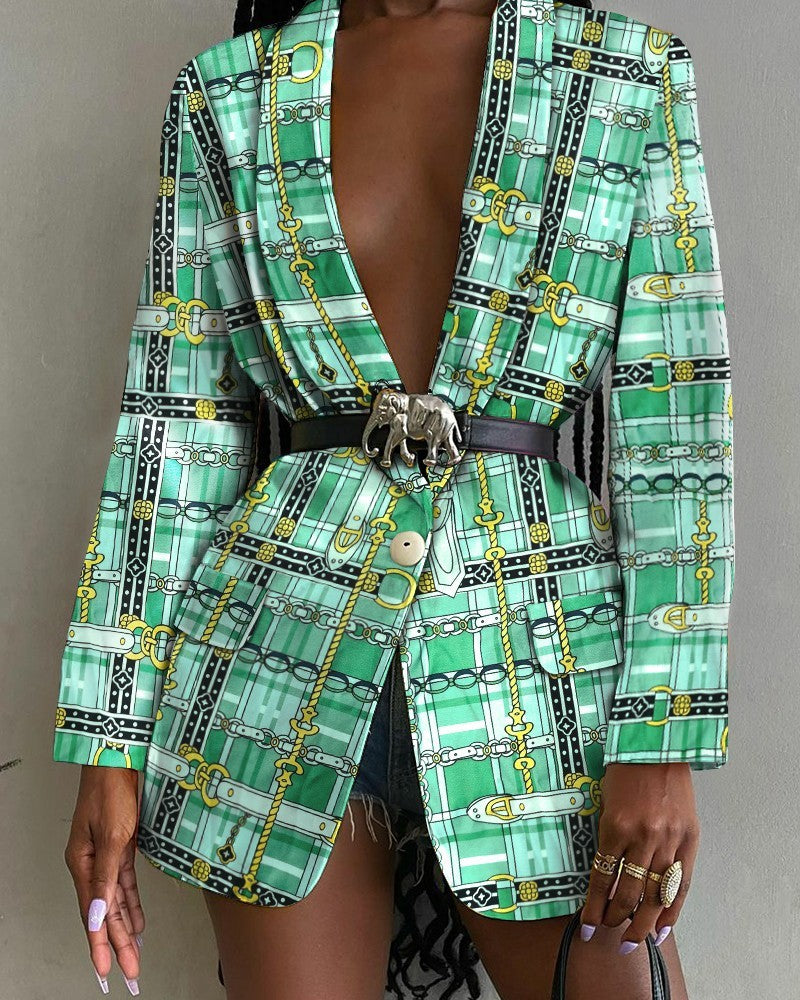 Fashion Printed Shawl Collar Single-breasted Belt Blazer Women - Heritage cosmetics and beauty care