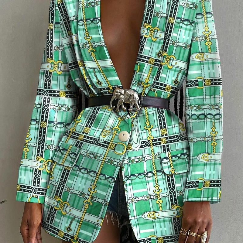 Fashion Printed Shawl Collar Single-breasted Belt Blazer Women - Heritage cosmetics and beauty care