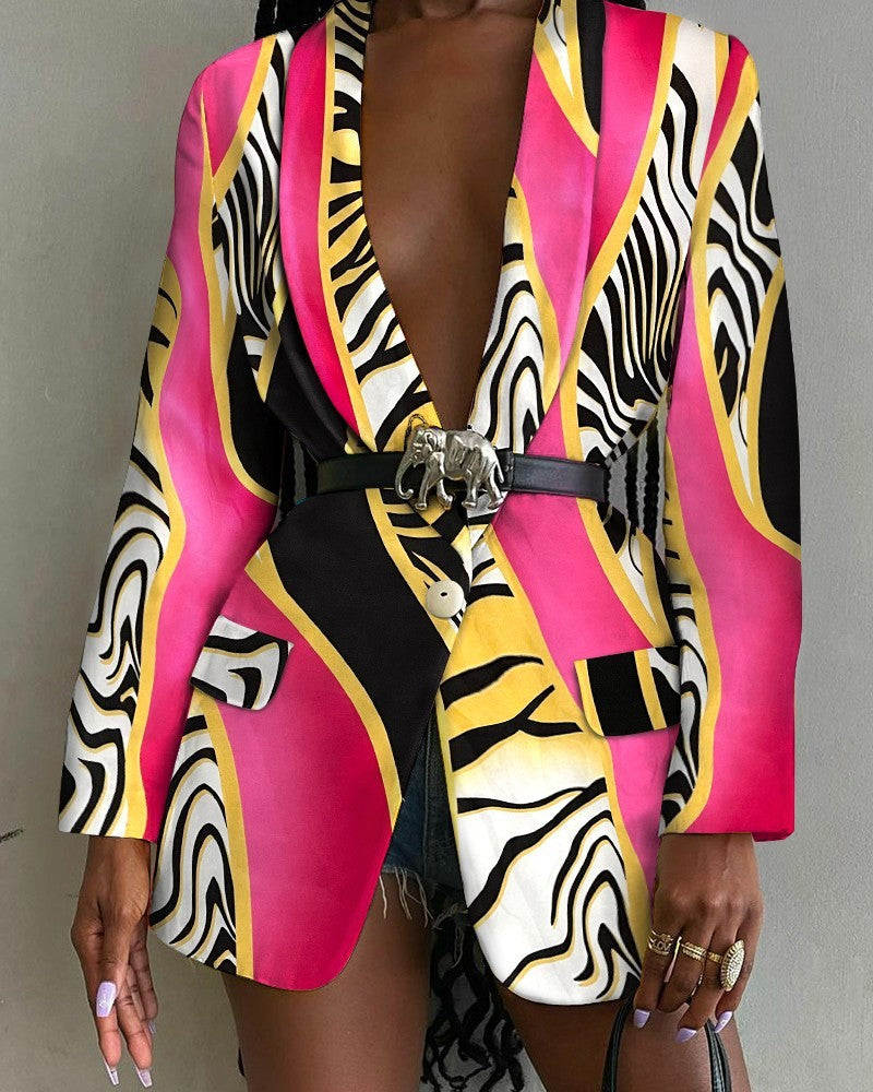 Fashion Printed Shawl Collar Single-breasted Belt Blazer Women - Heritage cosmetics and beauty care