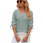 Button V-neck Solid Color Half Sleeves Loose-fitting T-shirt Top - Heritage cosmetics and beauty care