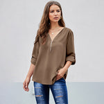 Women's Shirts Solid Color Sexy V-neck Zipper Half Sleeves Heritage cosmetics and beauty care