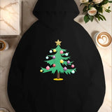 Plus Size Casual Christmas Tree Hoodie For Women, Geometric Pattern, With Front Pocket, For Fall Winter Season Hooded Sweatshirt